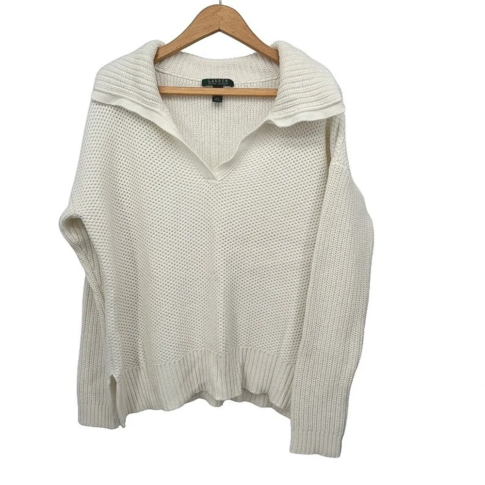 Lauren Ralph Lauren Preppy Sweater White Knit Split Neck Pullover Open Weave LG